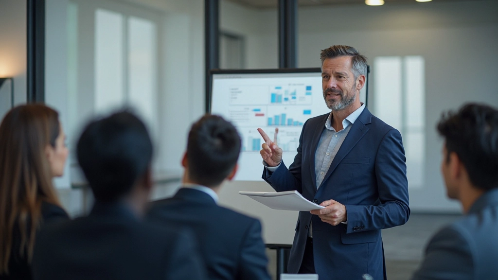 Manager die een strategisch plan presenteert aan het team op een grote scherm